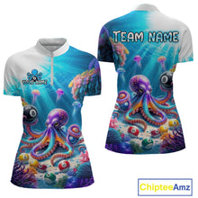 Load image into Gallery viewer, Colorful shirt with octopus design and customizable text on a white background