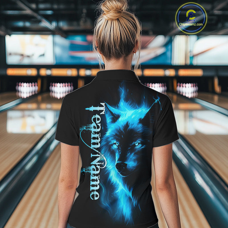Custom Blue Flame Wolf Bowling Jersey for Women Polo & 1/4 Zip Bowling Team Shirts HNT148