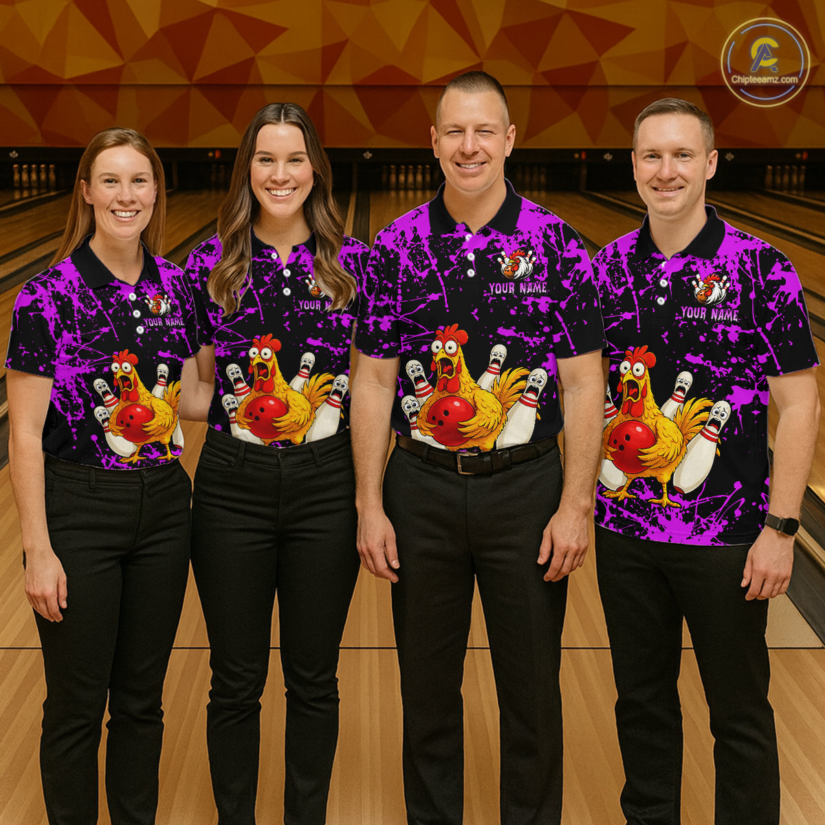 Custom Purple Funny Chicken Bowling Jersey for Women Bowling Uniform Bowling Team Shirts HNT282
