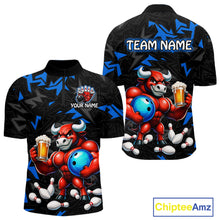 Load image into Gallery viewer, Custom blue beer bull bowling jersey for men, personalized team bowling quarter zip shirt front view and back view