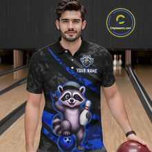 Load image into Gallery viewer, Man wearing a custom polo shirt with a raccoon graphic on a bowling alley.