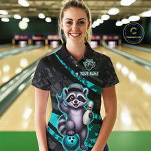 Load image into Gallery viewer, Person wearing a custom bowling shirt with a raccoon design in a bowling alley.
