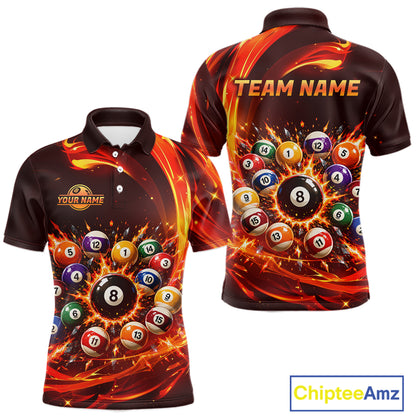 Polo shirt with billiard ball design and customizable text on a white background