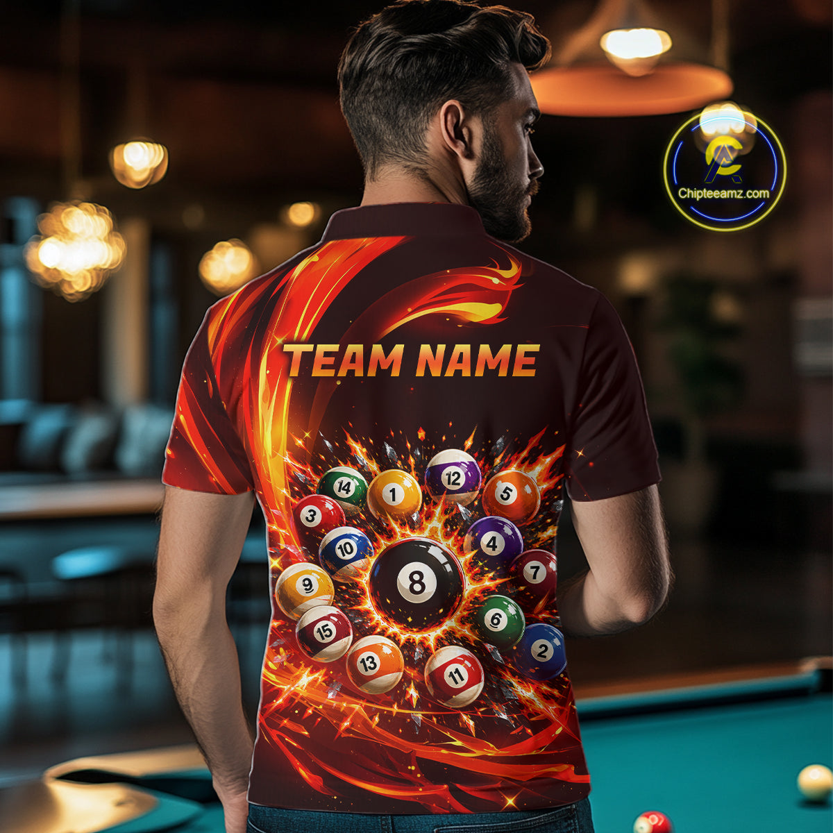 Man wearing a polo shirt with a colorful pool ball design and 'Team Name' text in a bar setting.