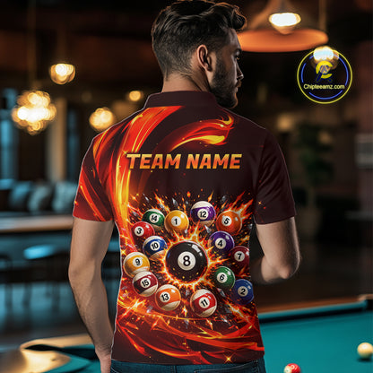 Man wearing a polo shirt with a colorful pool ball design and 'Team Name' text in a bar setting.