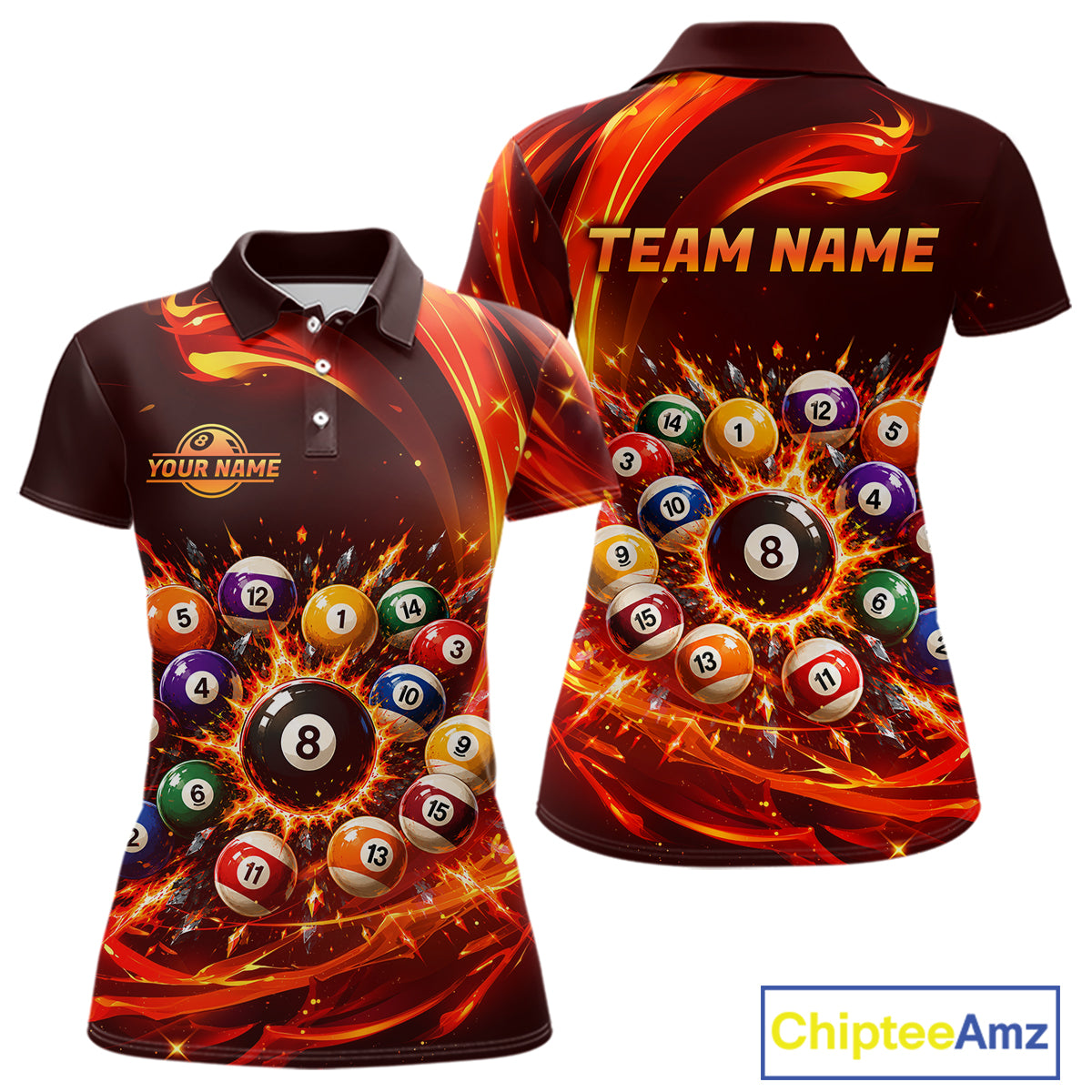 Two polo shirts with a fiery design featuring pool balls and 'Team Name' text, branded with Chiptee Amz.