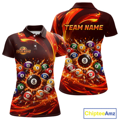 Two polo shirts with a fiery design featuring pool balls and 'Team Name' text, branded with Chiptee Amz.