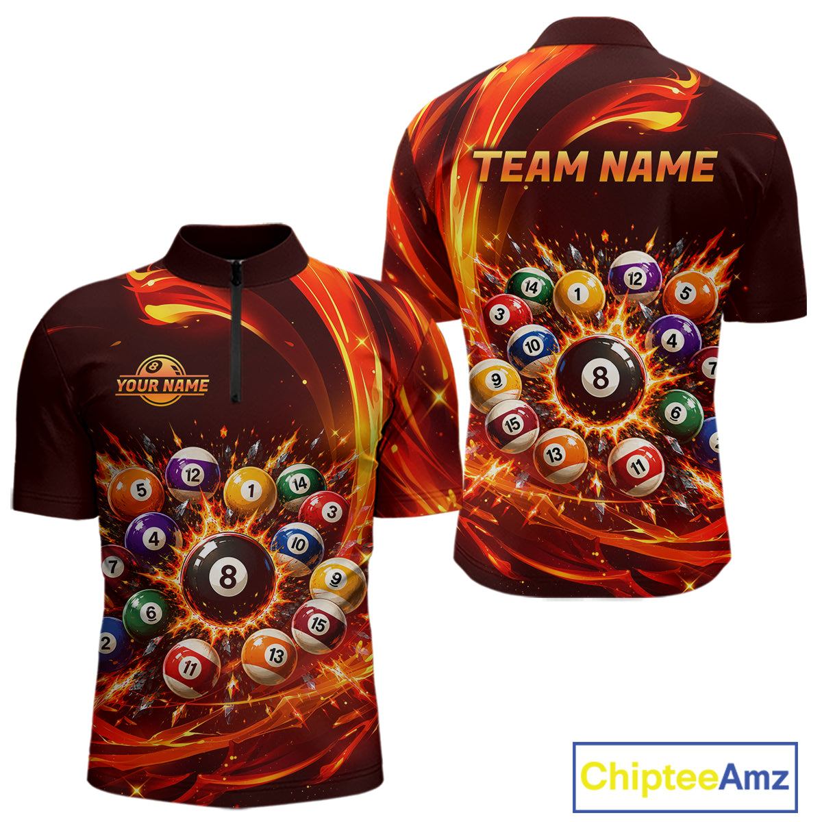 Customizable bowling shirt with fiery design and billiard ball pattern, featuring 'Your Name' and 'Team Name' text.
