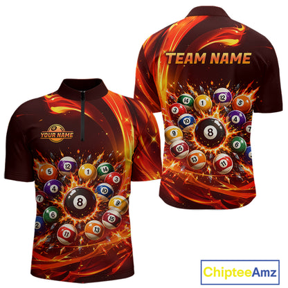 Customizable bowling shirt with fiery design and billiard ball pattern, featuring 'Your Name' and 'Team Name' text.