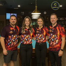 Load image into Gallery viewer, Four people wearing matching billiard shirt designs in a billiard alley.