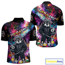 Load image into Gallery viewer, Front and back views of a vibrant billiards quarter zip shirt featuring a american bully dog in sunglasses and a hoodie holding an 8-ball, set against colorful graffiti-style splatter artwork.