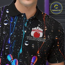 Load image into Gallery viewer, Black polo shirt with colorful liquid effects and a bowling design, featuring 'Your Name' text.