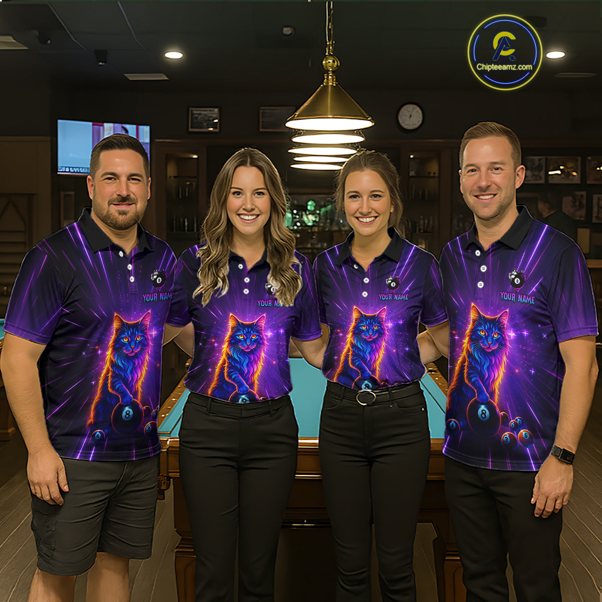 Personalized Funny Neon Cat 8 Ball Pool Men Billiard Polo & 1/4 Zip, Billiard Shirt, Billiard Team Jerseys NNT143