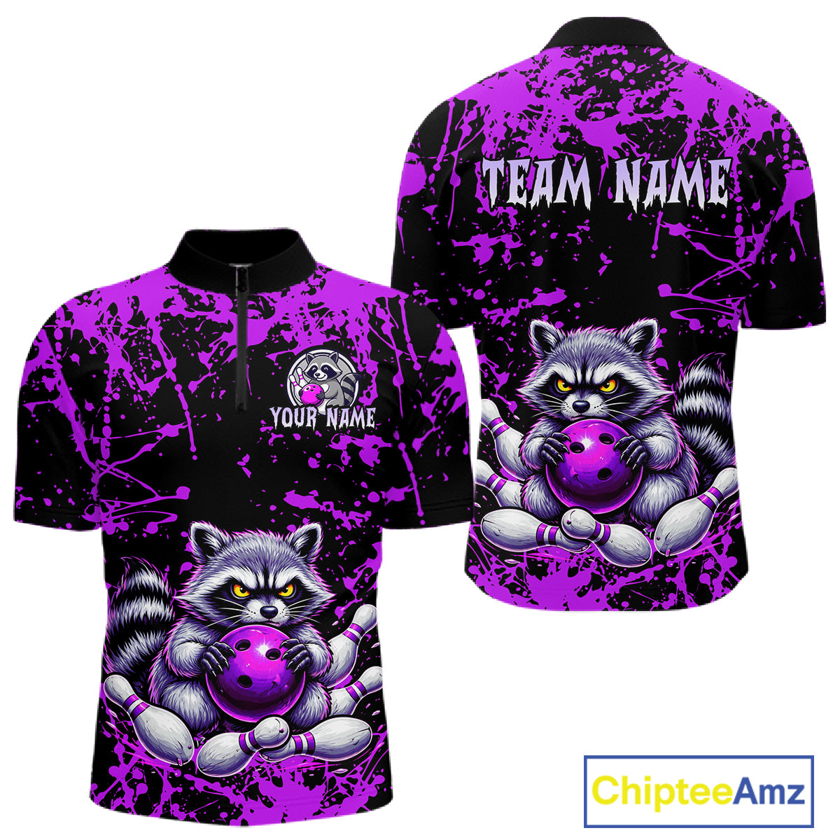 Custom Purple Raccoon Bowling Jersey for Men Bowling Uniform Polo & 1/4 Zip Bowling Team Shirts HNT224