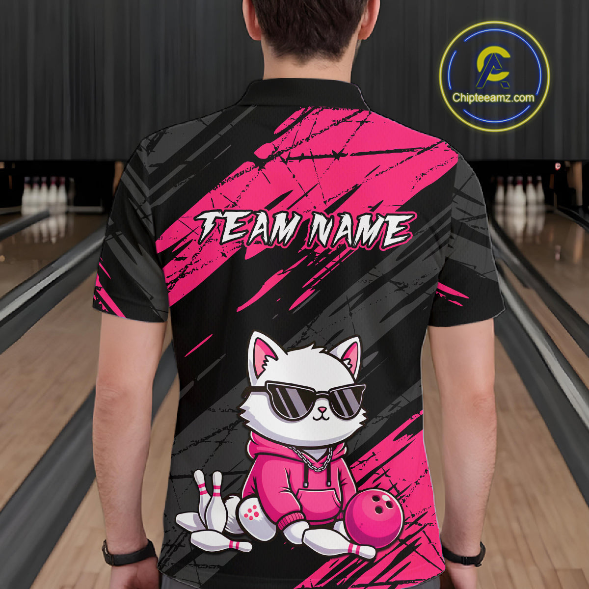 Custom Funny Pink Cat Bowling Jersey for Men Bowling Team Shirts Bowling Polo & 1/4 Zip HNT257