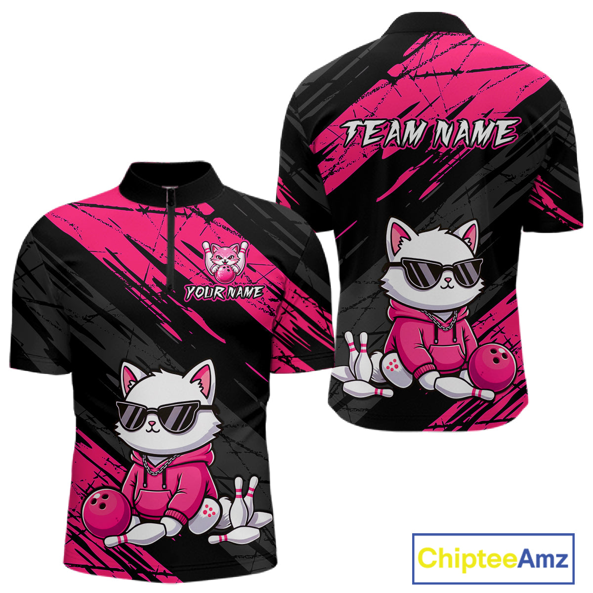 Custom Funny Pink Cat Bowling Jersey for Men Bowling Team Shirts Bowling Polo & 1/4 Zip HNT257