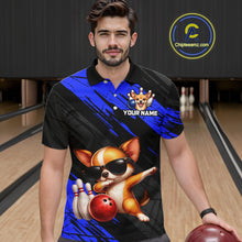 Load image into Gallery viewer, Man wearing a custom polo shirt with a dog bowling design in a bowling alley.
