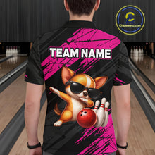Load image into Gallery viewer, Person wearing a bowling shirt with a dog graphic and 'TEAM NAME' text in a bowling alley.