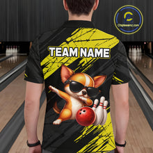 Load image into Gallery viewer, Person wearing a bowling shirt with a dog graphic and 'TEAM NAME' text in a bowling alley.