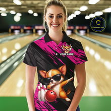 Load image into Gallery viewer, Person wearing a custom bowling shirt with a dog design in a bowling alley.