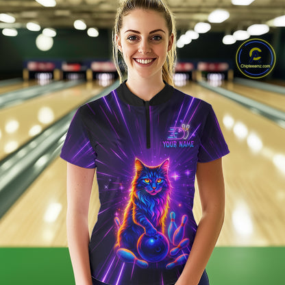 Custom Neon Cat Bowling Jersey for Women Bowling Team Shirts Bowling League Polo & 1/4 Zip HNT153