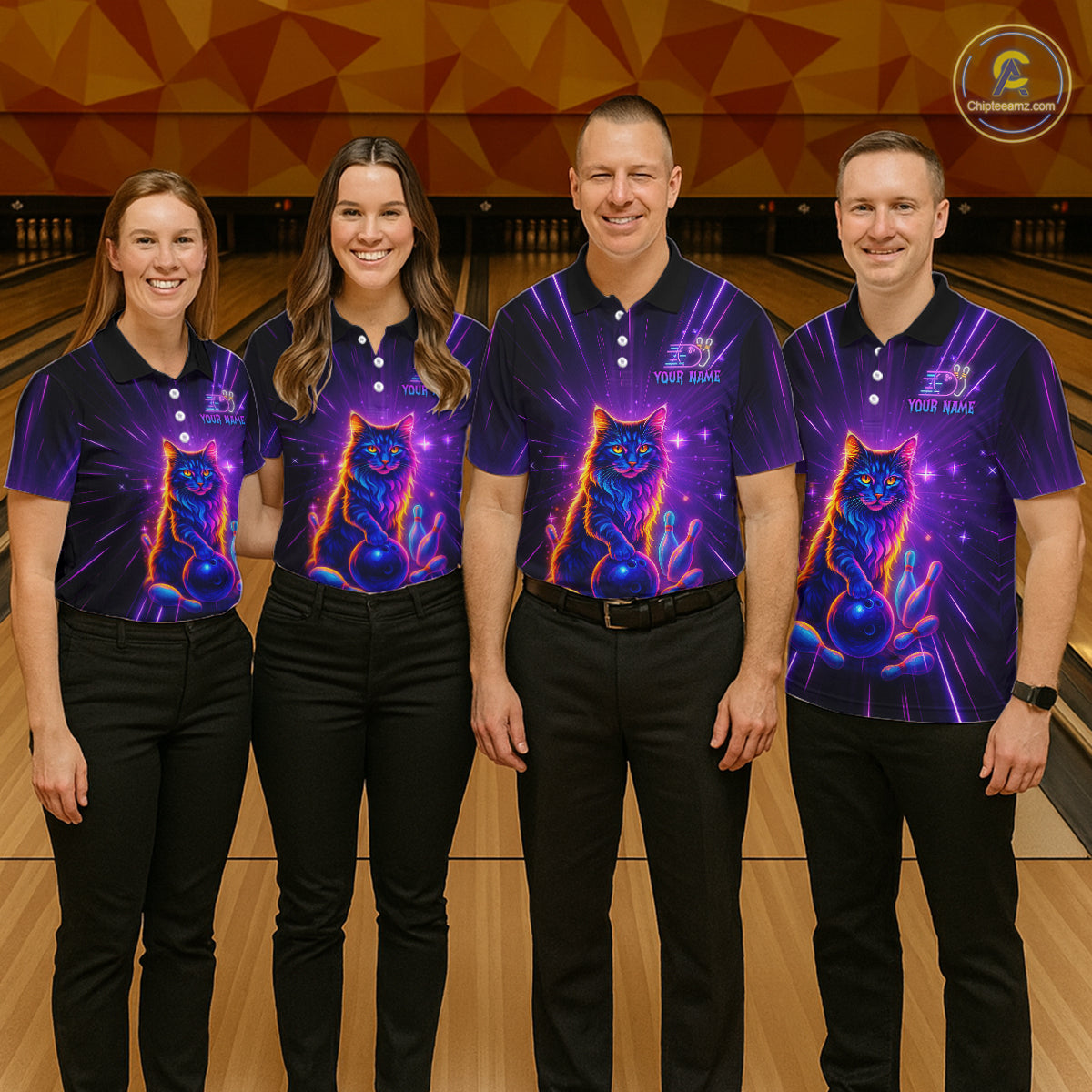 Custom Neon Cat Bowling Jersey for Women Bowling Team Shirts Bowling League Polo & 1/4 Zip HNT153