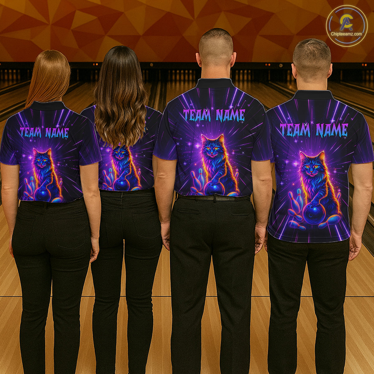 Custom Neon Cat Bowling Jersey for Women Bowling Team Shirts Bowling League Polo & 1/4 Zip HNT153