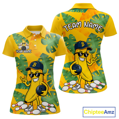 Front and back views of a bright yellow polo shirt with tropical leaf patterns, featuring a cartoon banana character wearing sunglasses and holding a bowling ball among scattered pins.