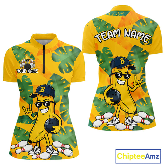 Front and back views of a bright yellow quarter zip shirt with tropical leaf patterns, featuring a cartoon banana character wearing sunglasses and holding a bowling ball among scattered pins.