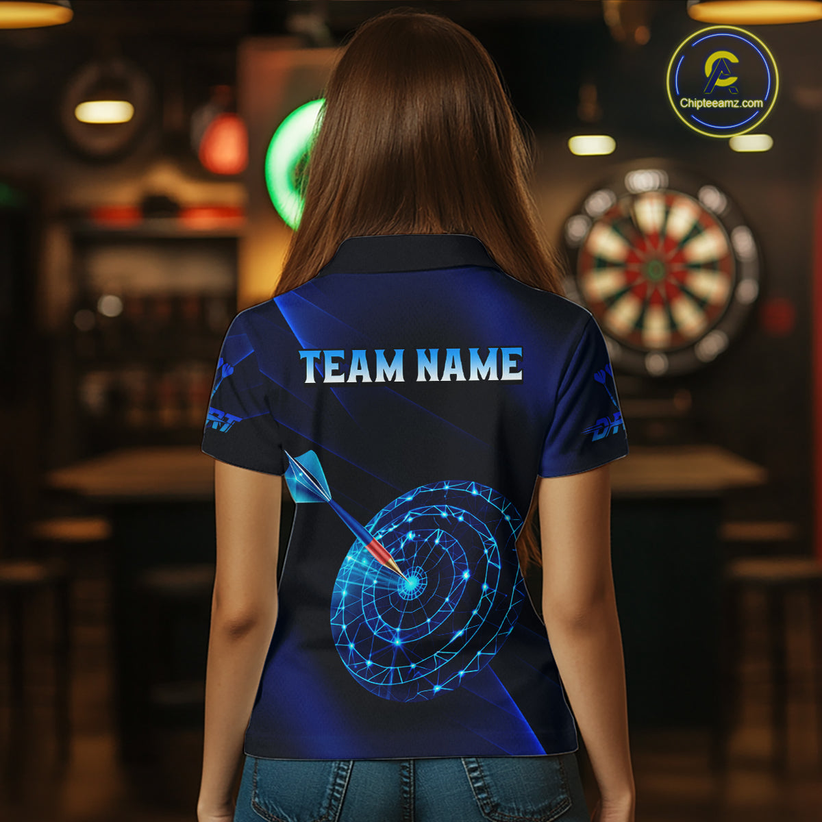 Custom Neon Blue Cyber Dartboard Darts Shirt for Women Darts Team Jerseys Polo & 1/4 Zip NNT132