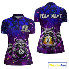 Load image into Gallery viewer, Front and back views of a purple and blue billiards quarter zip shirt featuring a raccoon holding 8-ball and 9-ball graphics with custom team name text.