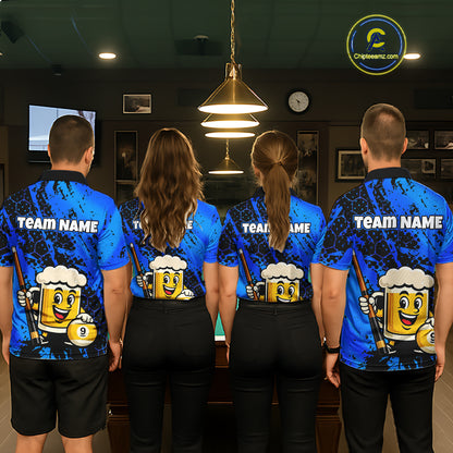 Four teammates in a billiards hall wearing matching blue funny beer-themed pool polos, sleeve name text, and large 9-ball graphics.