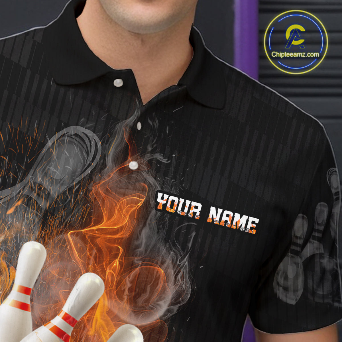 Black short-sleeve bowling shirts with a large bowling pin and ball flame graphic on the front, paired with black pants.