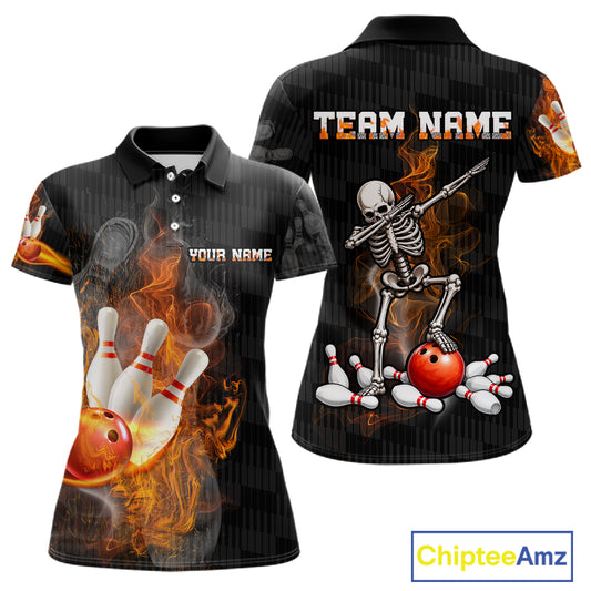 Black short-sleeve polo shirt with bowling-themed flame graphics, shown in front and back views. The front features a bowling pin and red bowling ball with flames, and the back shows a dancing skeleton holding a bowling ball with the text 'TEAM NAME' and 'YOUR NAME'.