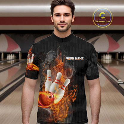 A man wearing a black short-sleeve bowling-themed graphic t-shirt with a flame and bowling pin design, set against a blurred bowling alley background. A circular 'ChipteeAmz'.