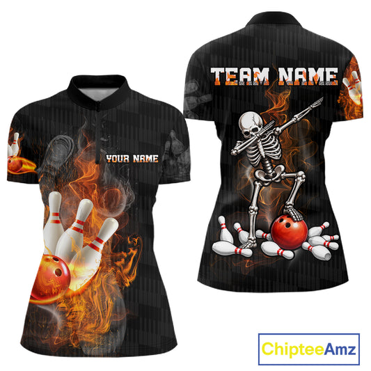 Front and back views of a women's black short-sleeve polo shirt with bowling-themed flame graphics, a skeleton bowling design on the back, and customizable text placeholders reading 'TEAM NAME' and 'YOUR NAME'.