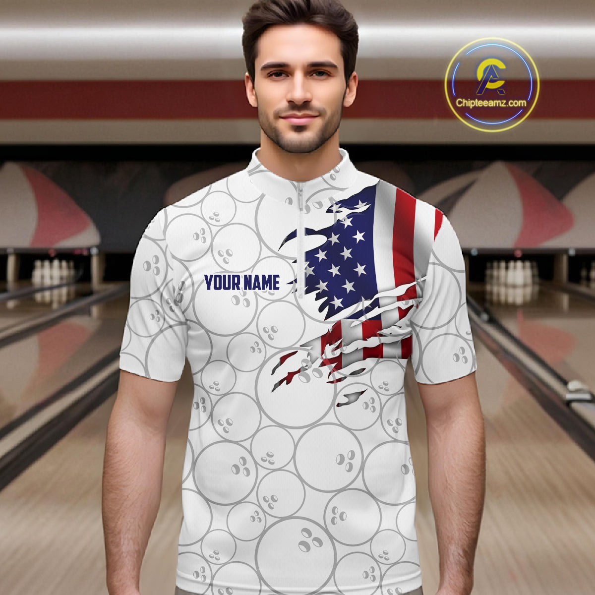 A man wearing a white bowling-themed short-sleeve shirt with a distressed American flag graphic and bowling pins pattern, standing in a bowling alley. The shirt has 'YOUR NAME' printed on the chest.