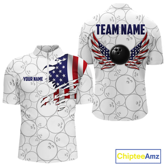 White short-sleeve bowling-themed polo shirt shown from front and back. The shirt has a repeating gray bowling-pin pattern, a torn American flag graphic on the front, a black bowling ball with red, white, and blue wings on the back, and customizable text areas reading 'YOUR NAME' and 'TEAM NAME'.