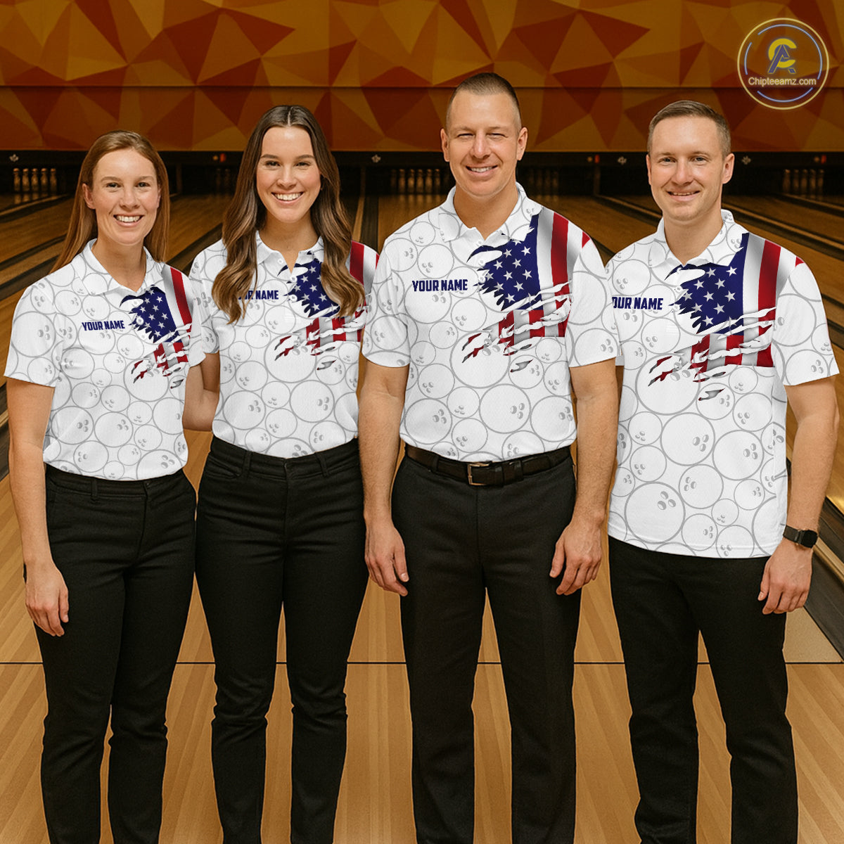 Four people standing together in a bowling alley wearing matching white bowling shirts with a black bowling-ball pattern and an American flag graphic on the chest. The shirts have 'YOUR NAME' printed on them.