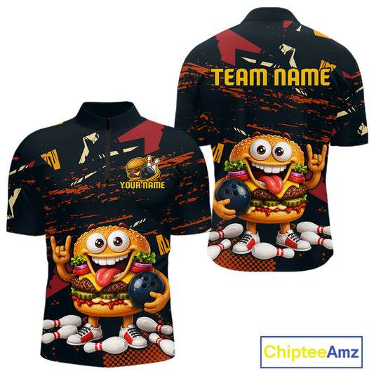 Custom short-sleeve athletic polo shirt shown from front and back on a white background. The shirt has a black base with orange and red brushstroke patterns, a large cartoon burger character holding a bowling ball and surrounded by bowling pins, and customizable text areas including 'TEAM NAME' and 'YOUR NAME'.