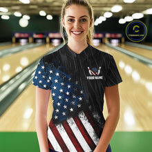Load image into Gallery viewer, Woman wearing a black patriotic bowling quarter zip shirt featuring distressed American flag graphics, custom player name text, and a bald eagle with spread wings above a flag-themed bowling ball and pins.