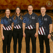 Load image into Gallery viewer, Four people wearing black patriotic bowling polo shirt featuring distressed American flag graphics, custom player name text, and a bald eagle with spread wings above a flag-themed bowling ball and pins.