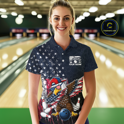 Woman wearing a dark patriotic bowling polo with distressed stars-and-stripes graphics, a eagle , bowling pins, and custom your name text.