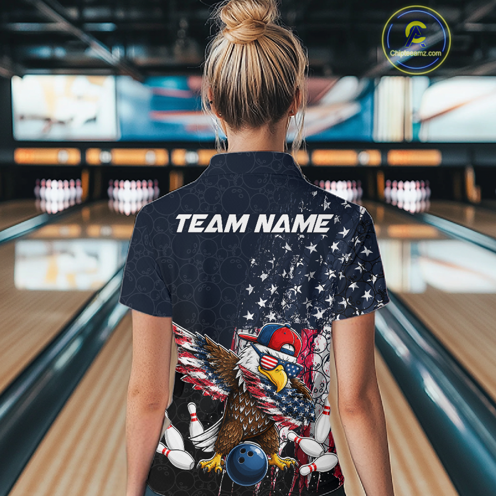 Woman wearing a dark patriotic bowling quarter zip with distressed stars-and-stripes graphics, a eagle , bowling pins, and custom team name text.