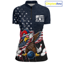 Load image into Gallery viewer, Front views of a dark patriotic bowling quarter zip with distressed stars-and-stripes graphics, a eagle , bowling pins, and custom team text.