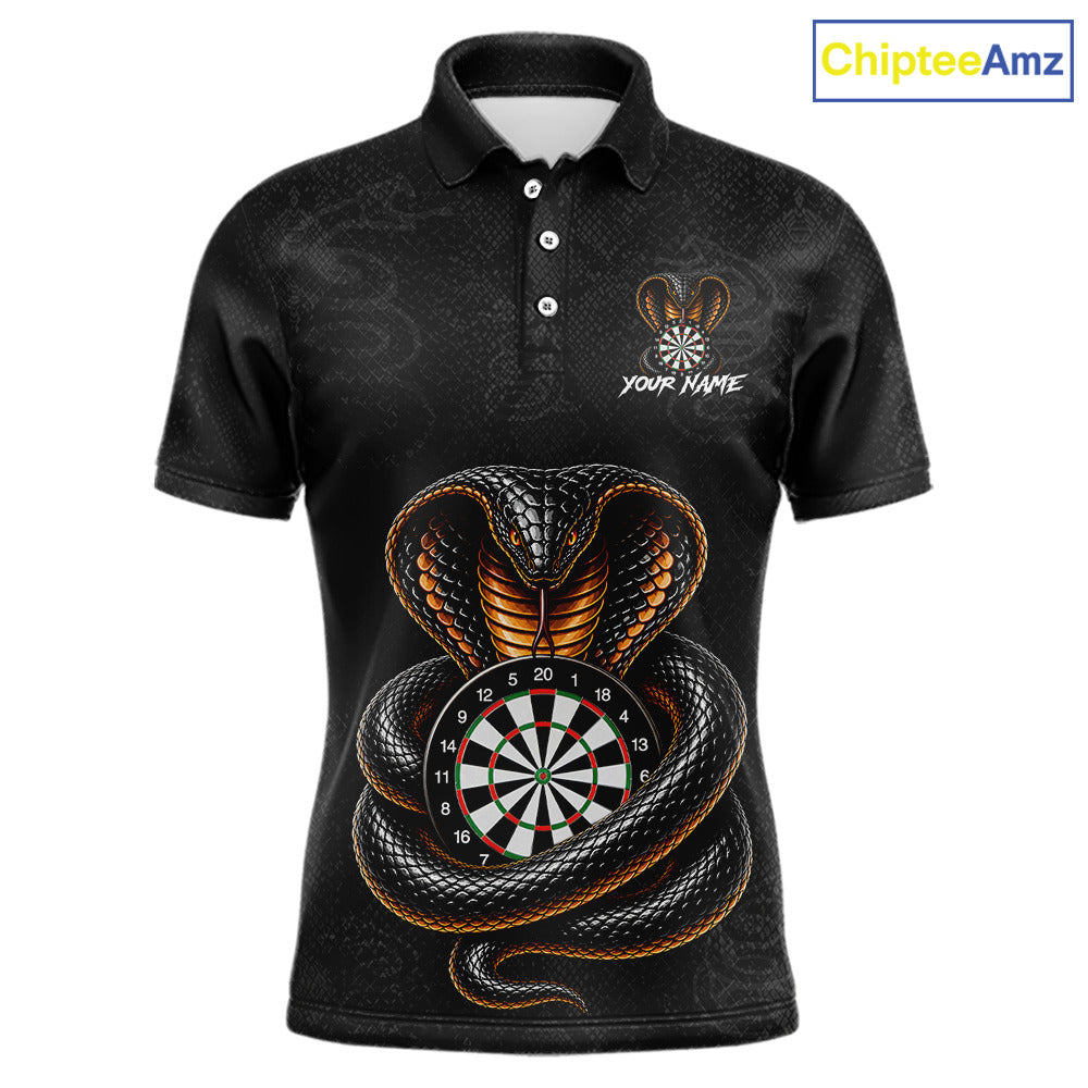 Front darts polo shirt featuring a cobra wrapped around a dartboard with detailed cobra snake on a black background.