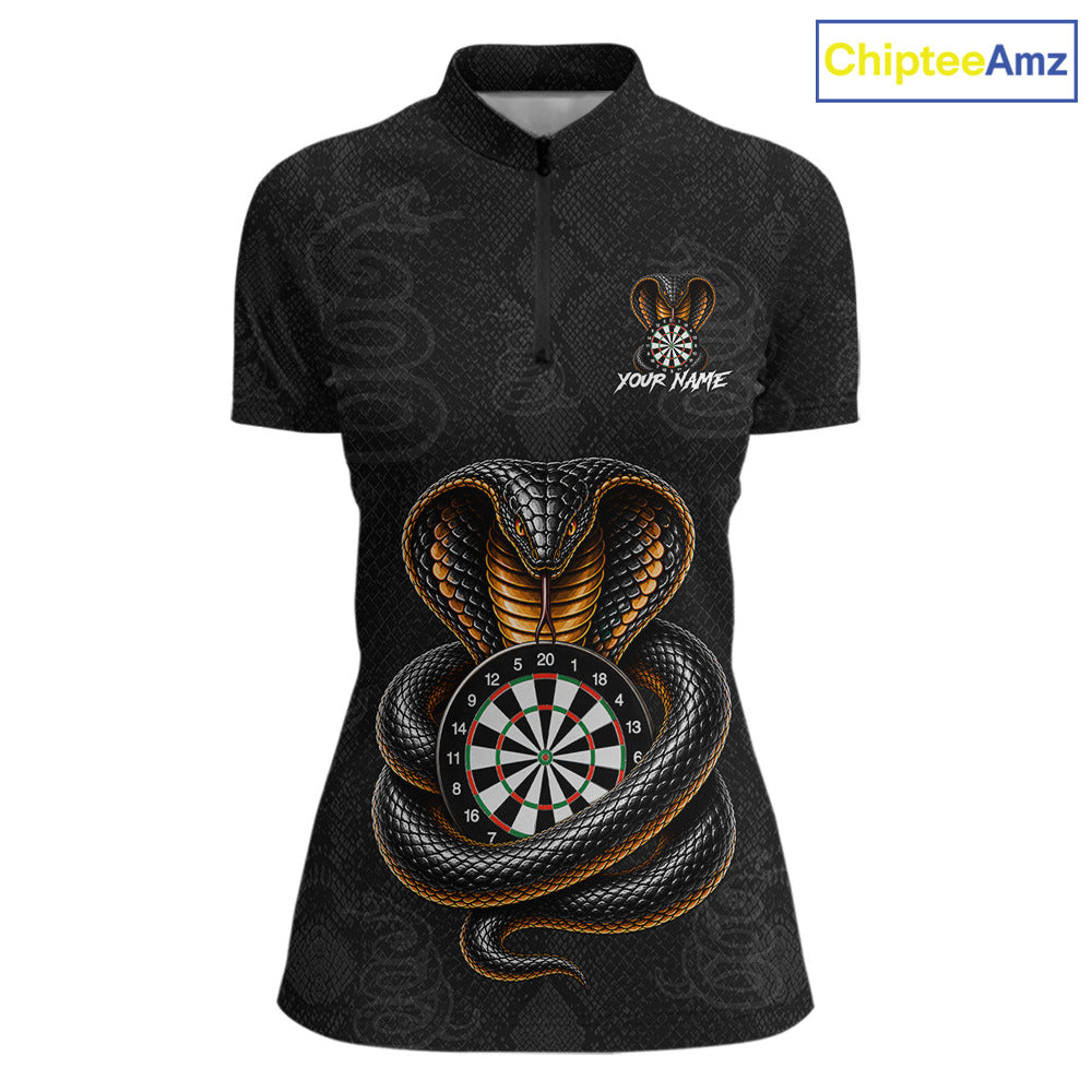Front darts quarter zip shirt featuring a cobra wrapped around a dartboard with cobra snake artwork on a black background.
