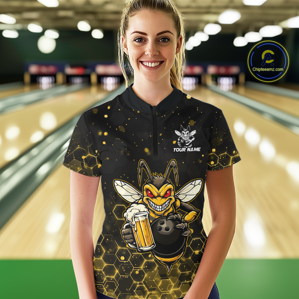 Custom Funny Beer Bee Bowling Jersey for Women Bowling Team Shirts Polo & 1/4 Zip HNT191