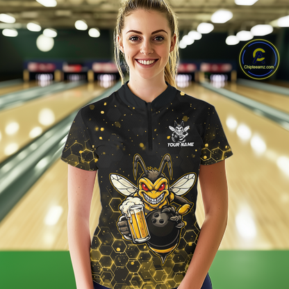 Custom Funny Beer Bee Bowling Jersey for Women Bowling Team Shirts Polo & 1/4 Zip HNT191