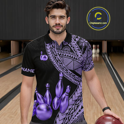 Black and Purple Tribal Pattern Bowling Jersey for Men Bowling Uniform Bowling Team Shirts HNT225